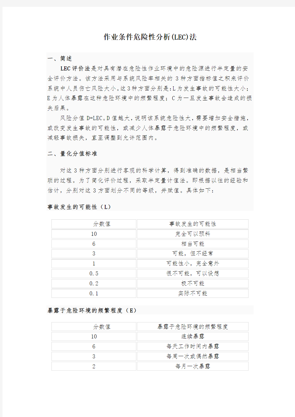 作业条件危险性分析(LEC)法