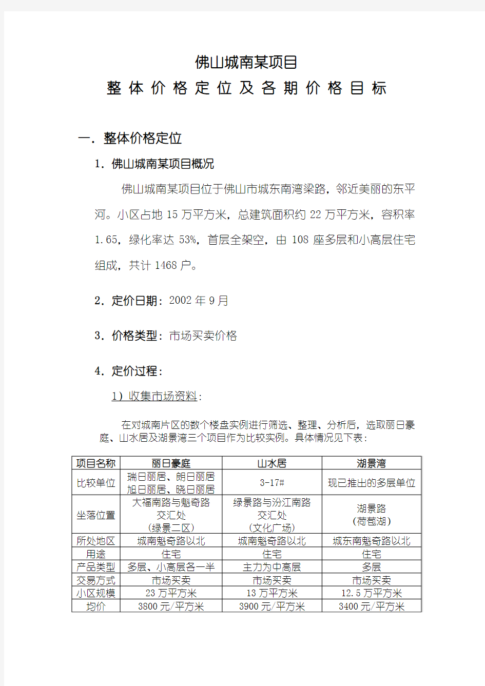 项目价格定位报告