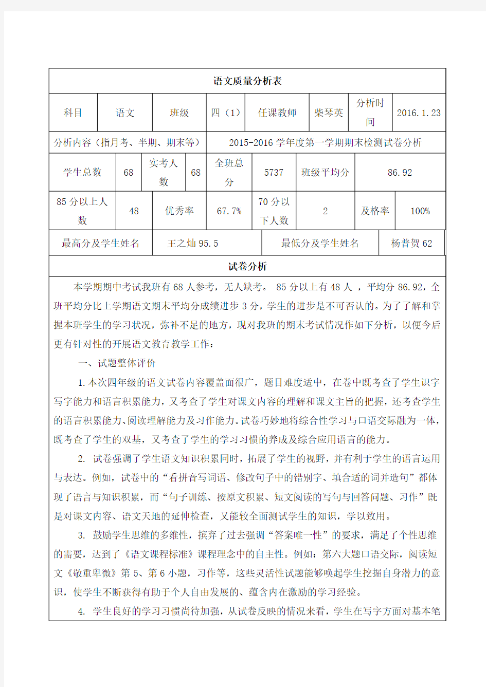 小学四年级期末考试语文质量分析表