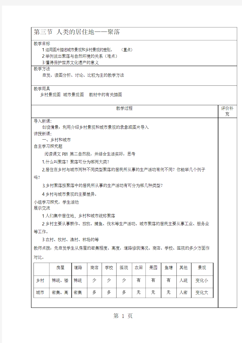 人教版七年级地理上册教案：第四章 第三节人类的聚居地聚落