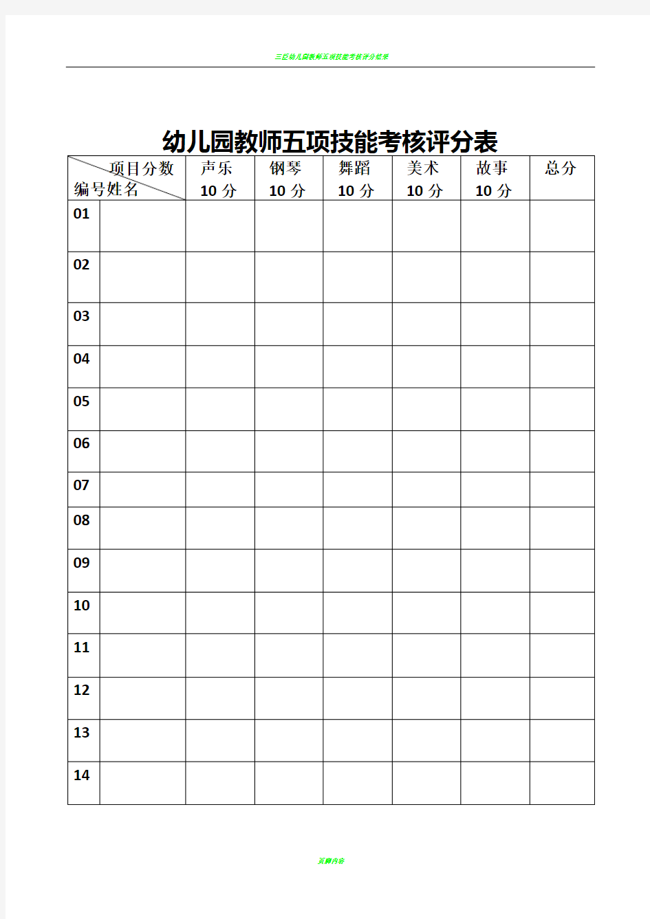 幼儿园教师五项技能考核评分表65308