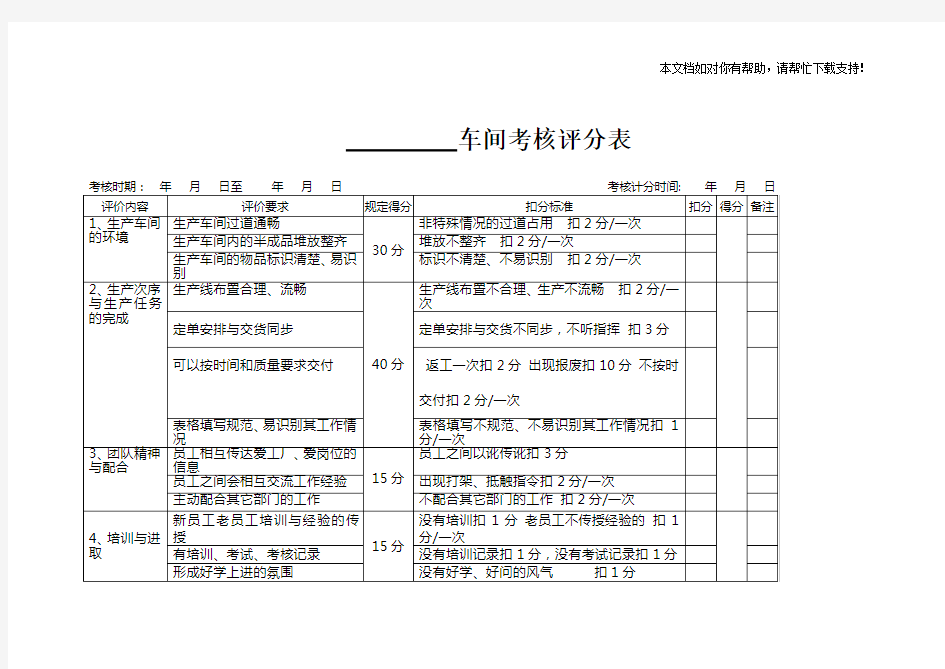 部门考核评分表