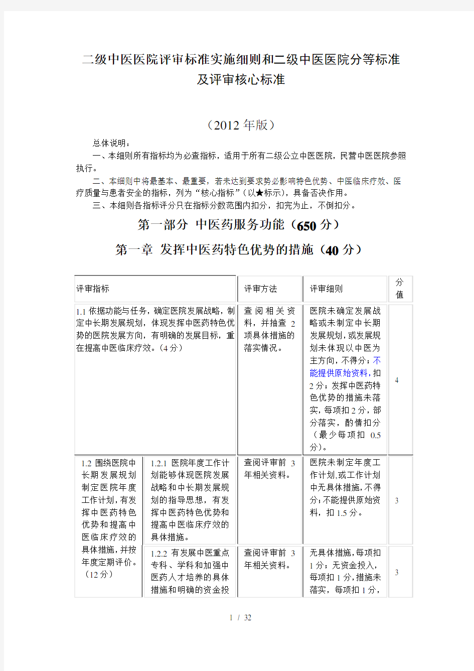 中医医院评审标准实施细则和二级中医医院分等标准及