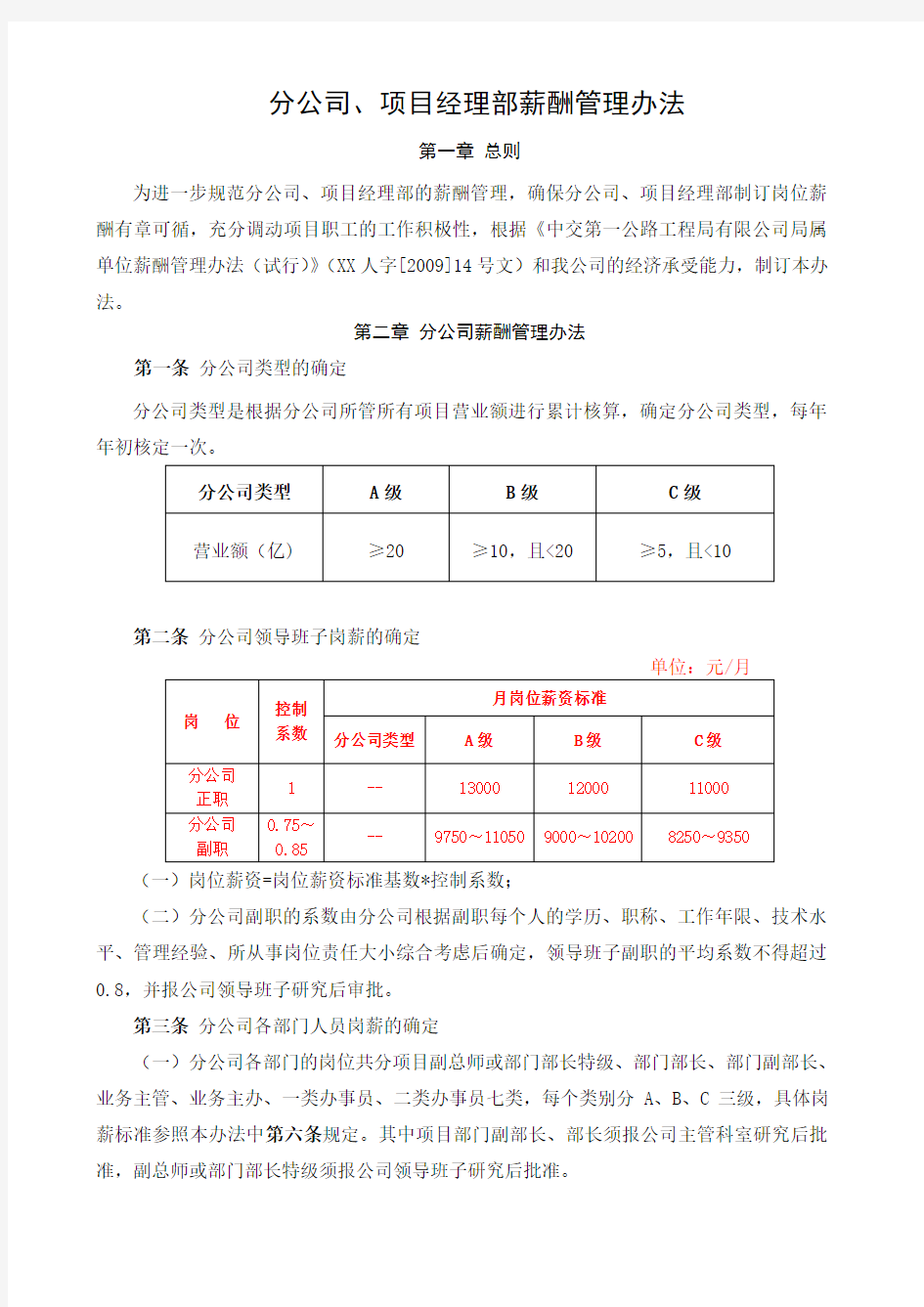 分公司、项目经理部薪酬管理办法