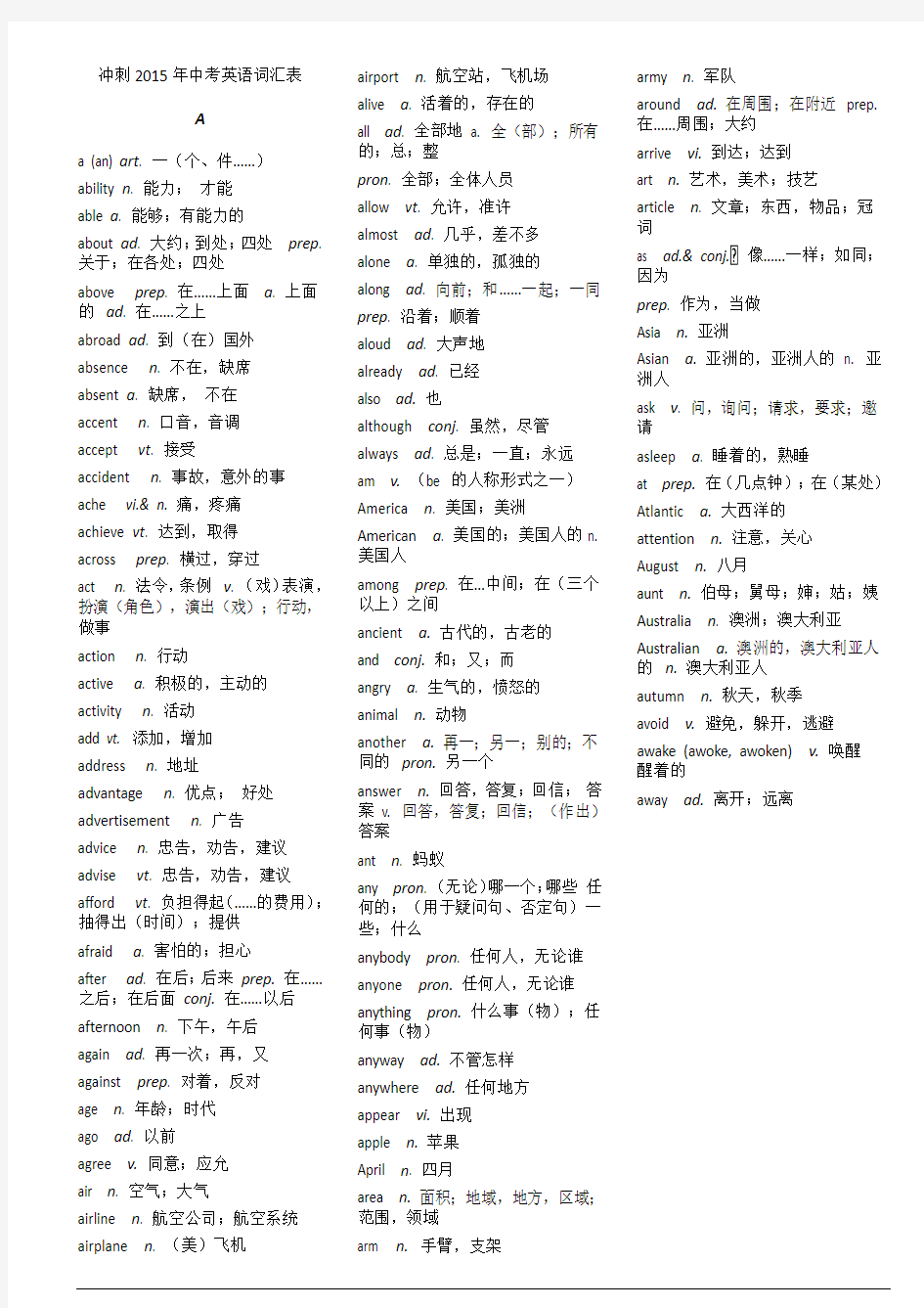 冲刺2015年中考英语词汇表 (1)