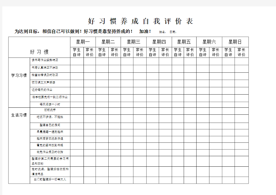 好习惯养成自我评价表