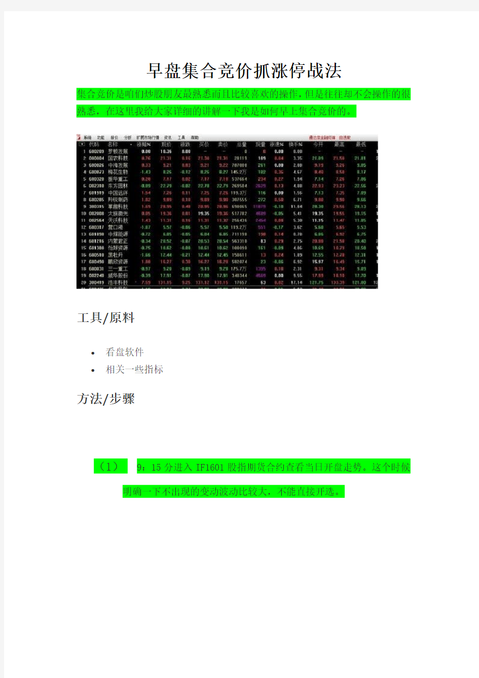 早盘集合竞价抓涨停战法