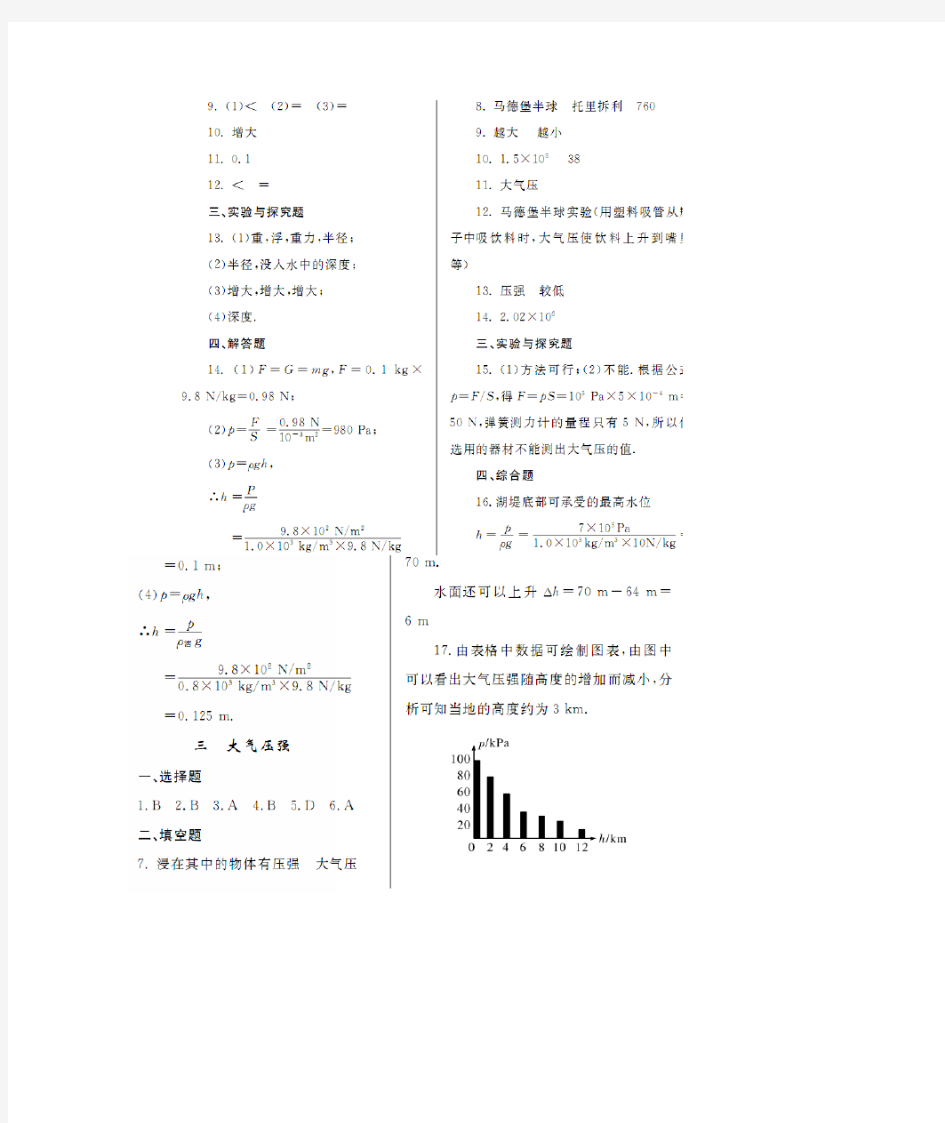 九年级物理练习册答案