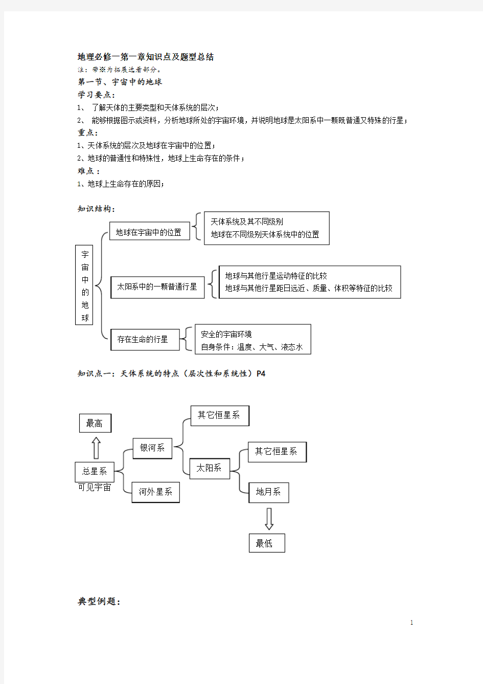 高中地理必修一第一章第一节知识点及题型总结