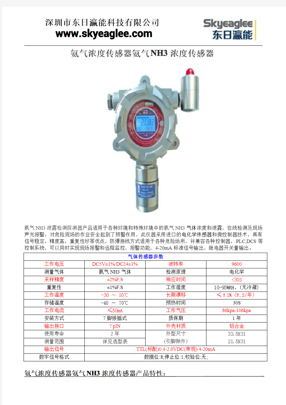 氨气浓度传感器氨气NH3浓度传感器
