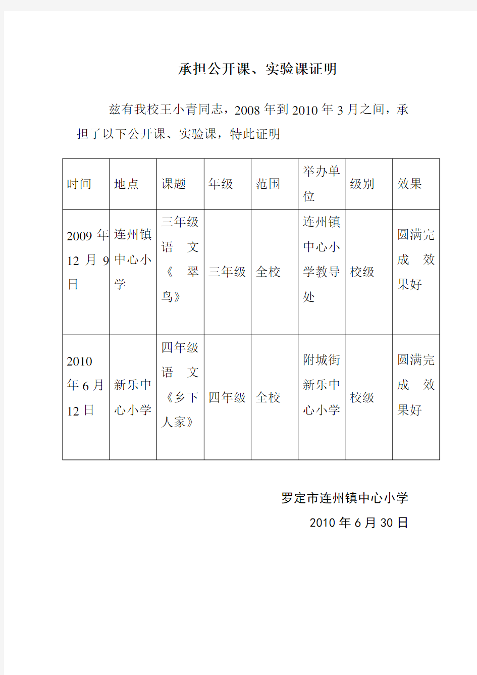 承担公开课证明材料