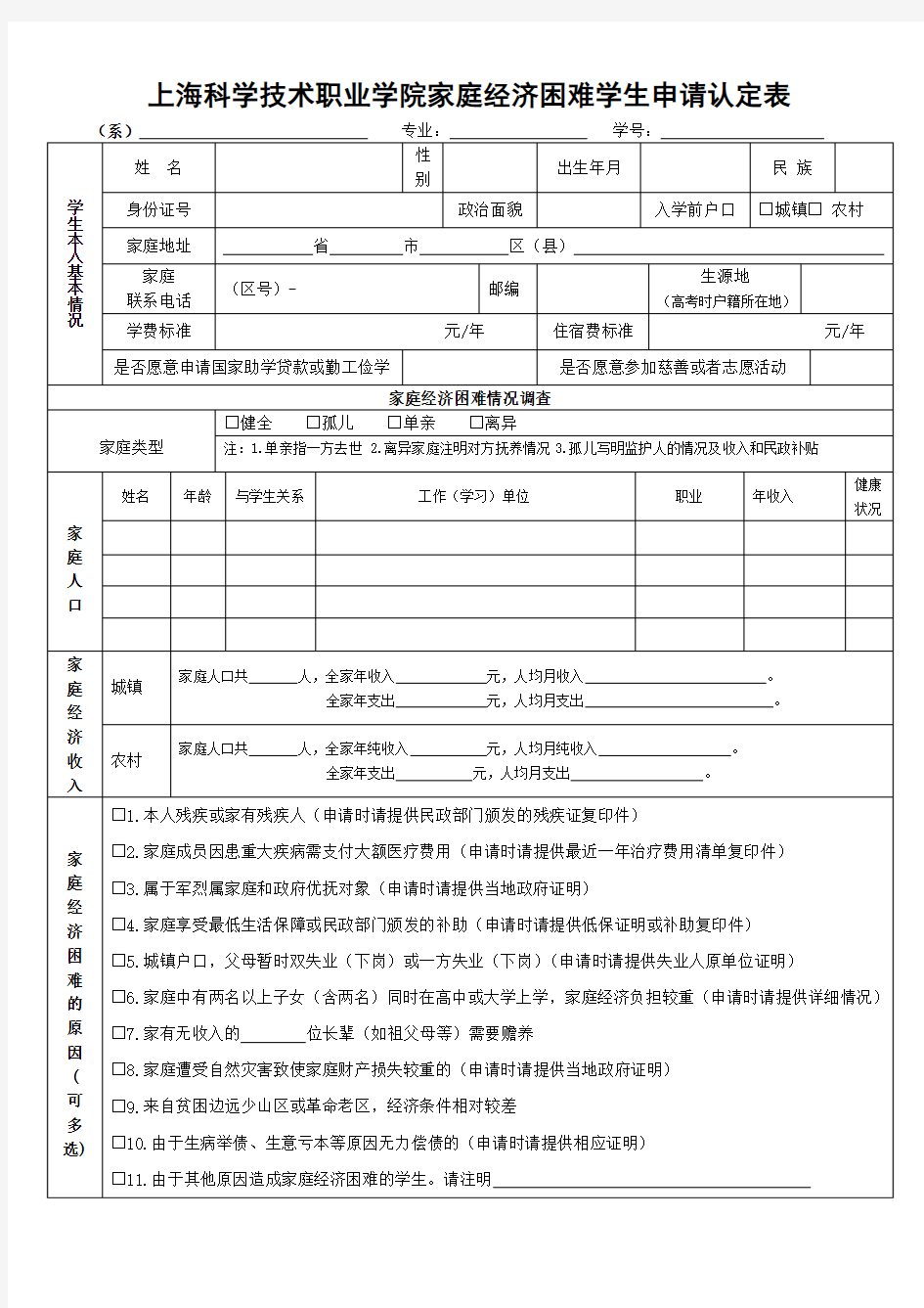 上海科学技术职业学院家庭经济困难学生申请认定表