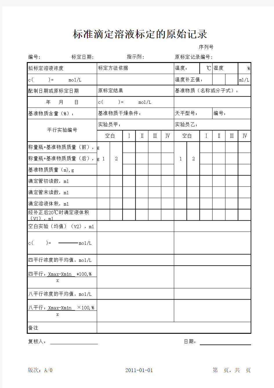 标准滴定溶液标定原始记录表