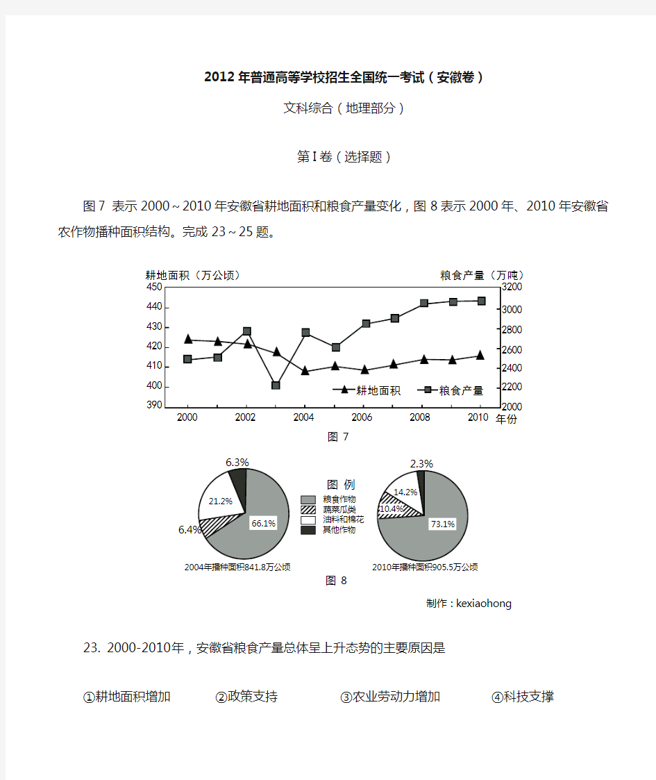 2012高考地理(安徽卷) word高清版