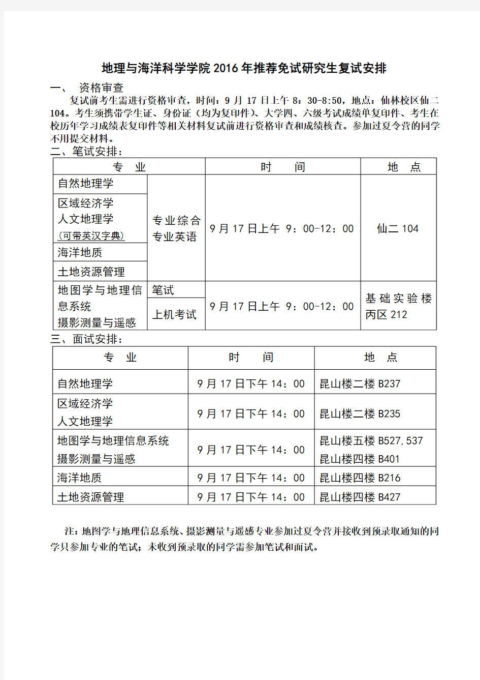 南京大学2015地理学院推免复试安排