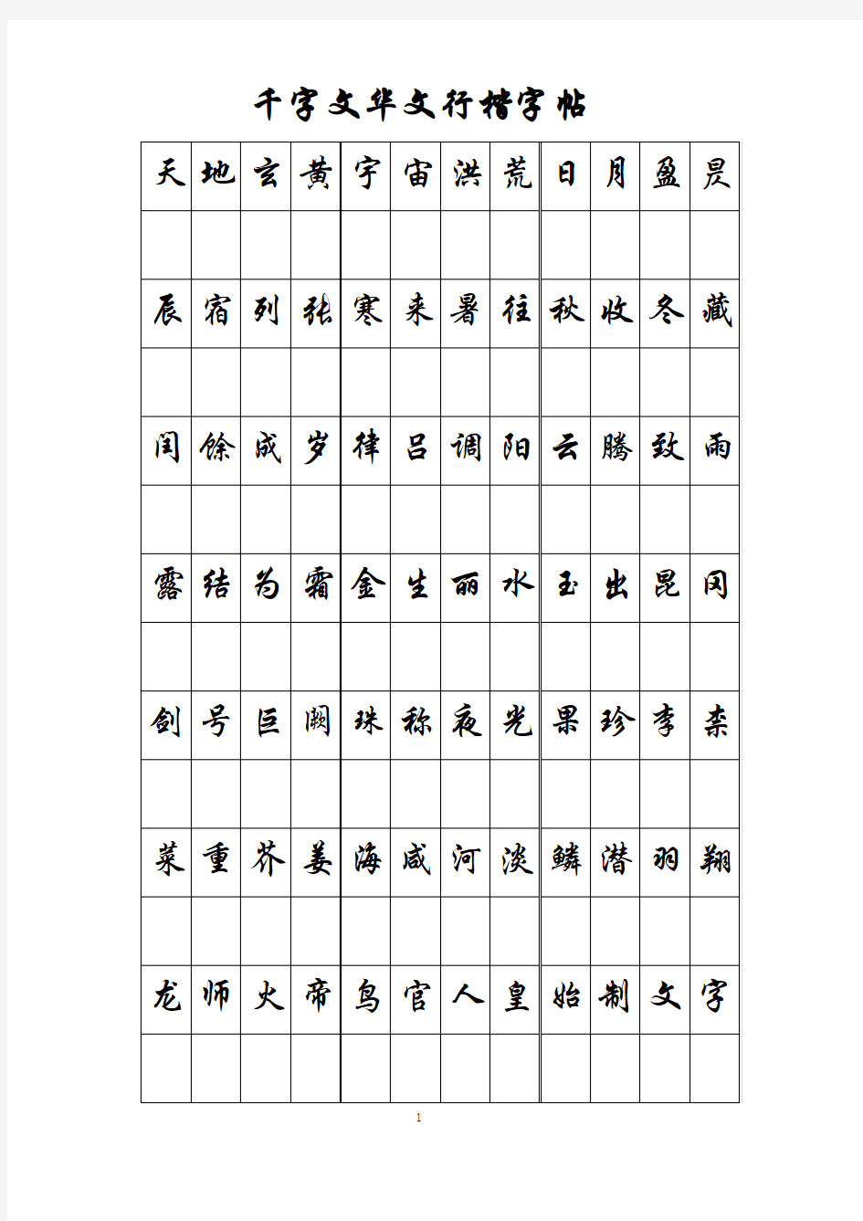 千字文华文行楷字帖