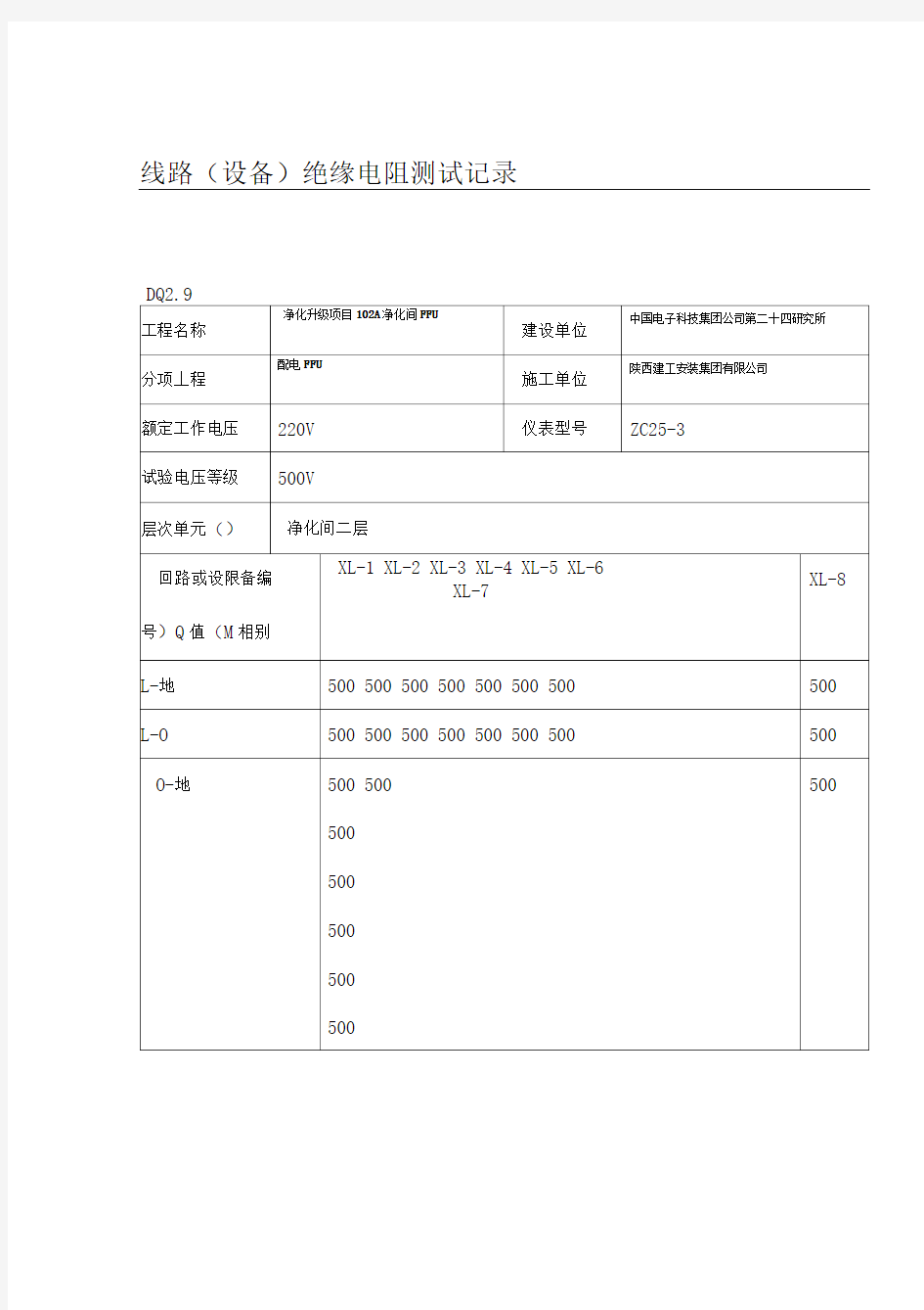 20XX绝缘摇测记录表格模板