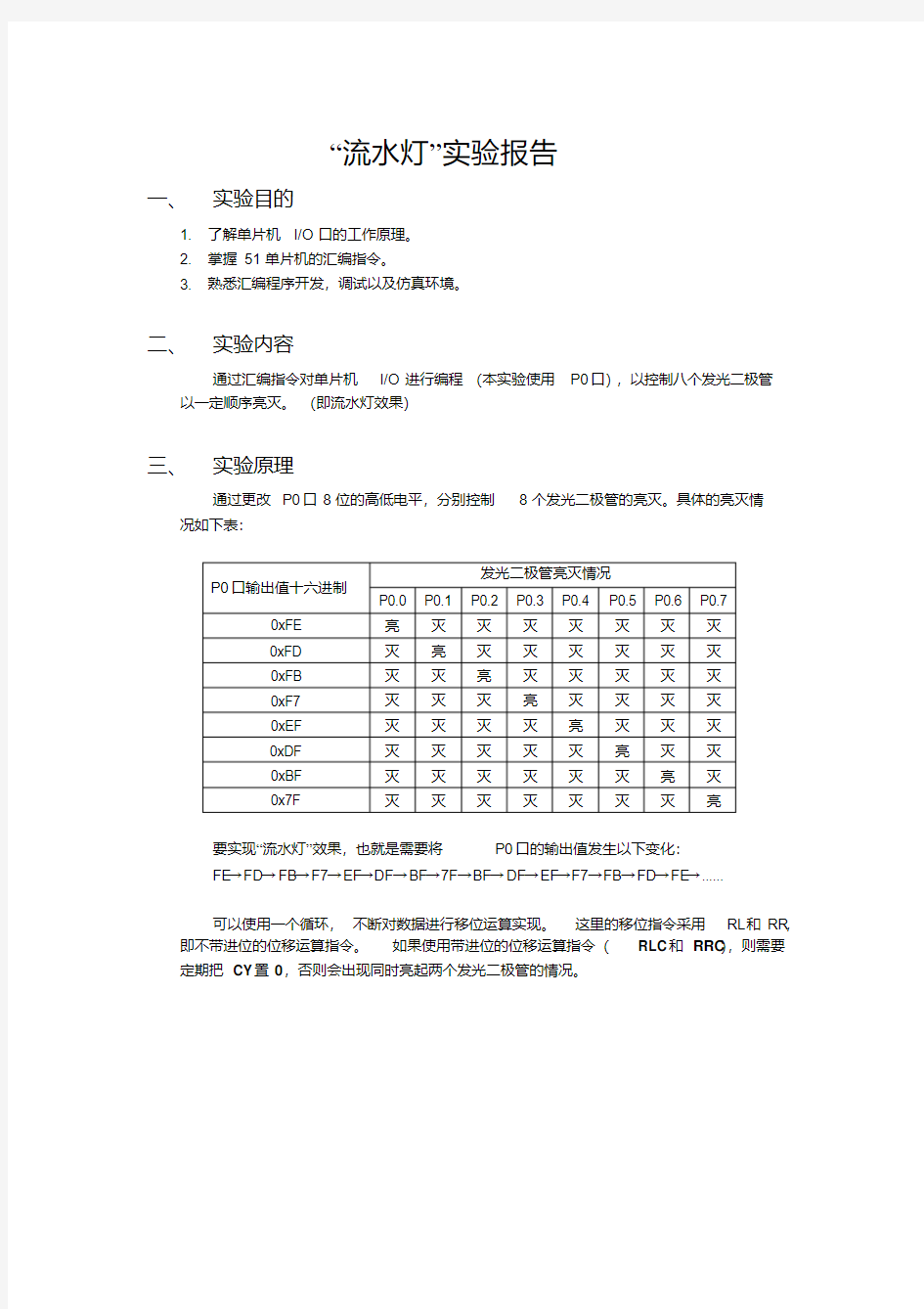 实验一51单片机流水灯实验实验报告