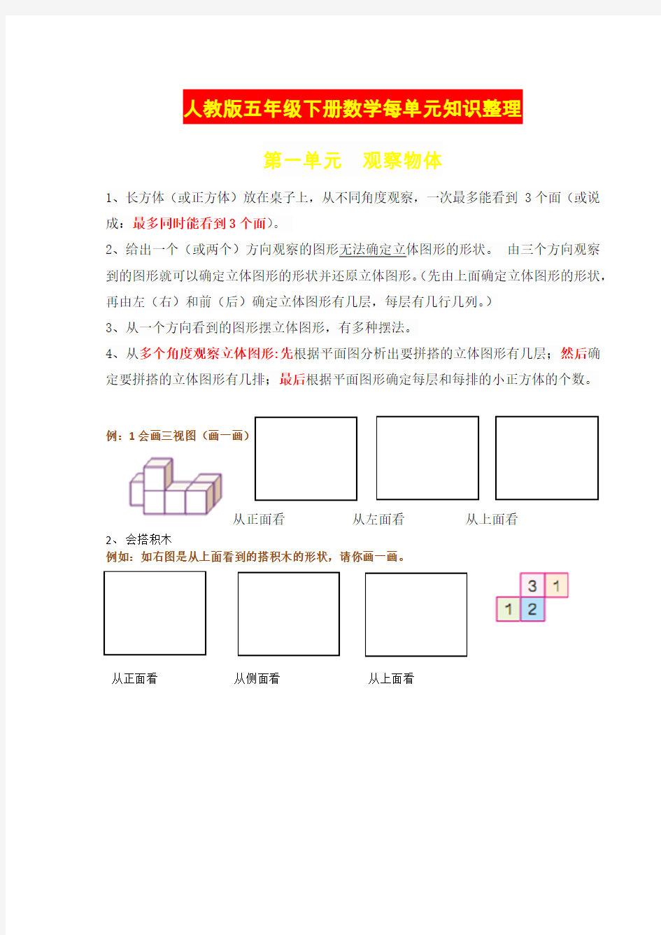 人教版五年级数学下册全册知识点归纳与整理