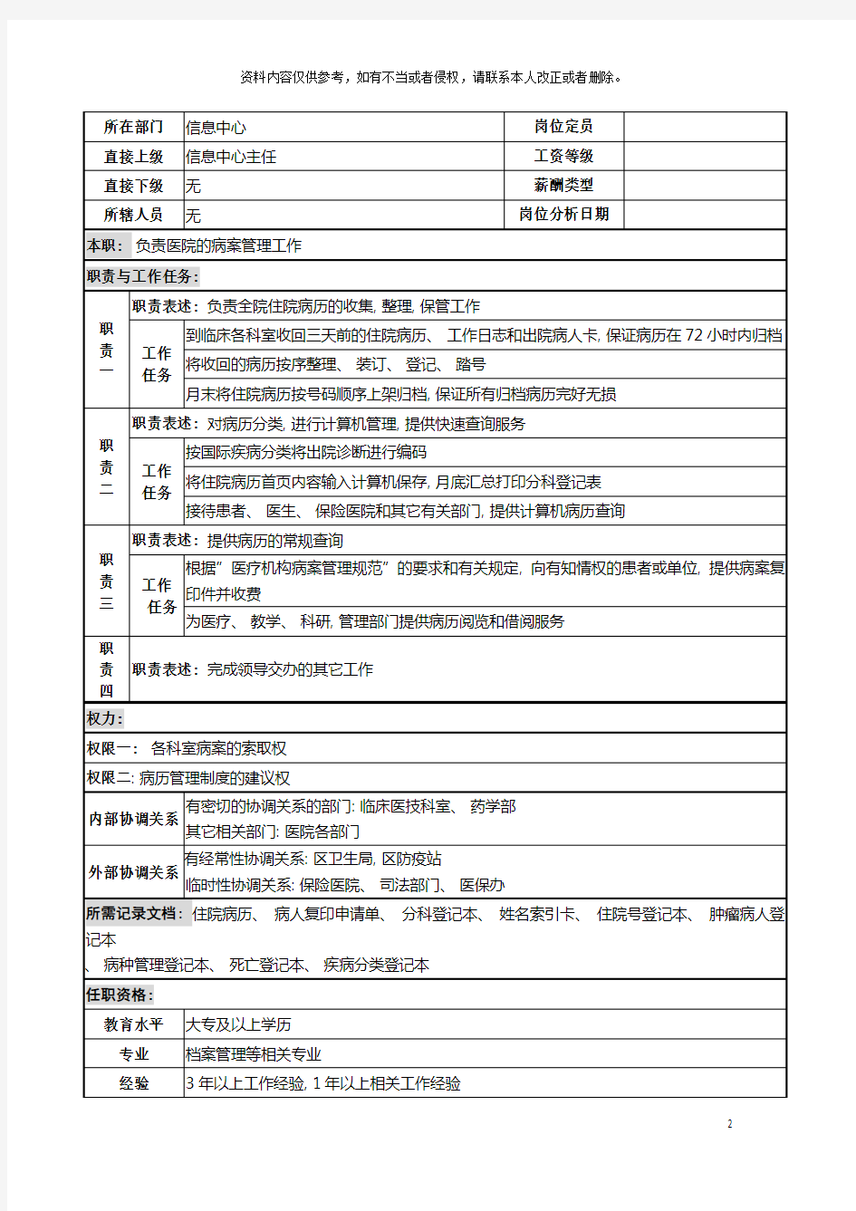 病案管理岗岗位说明书模板