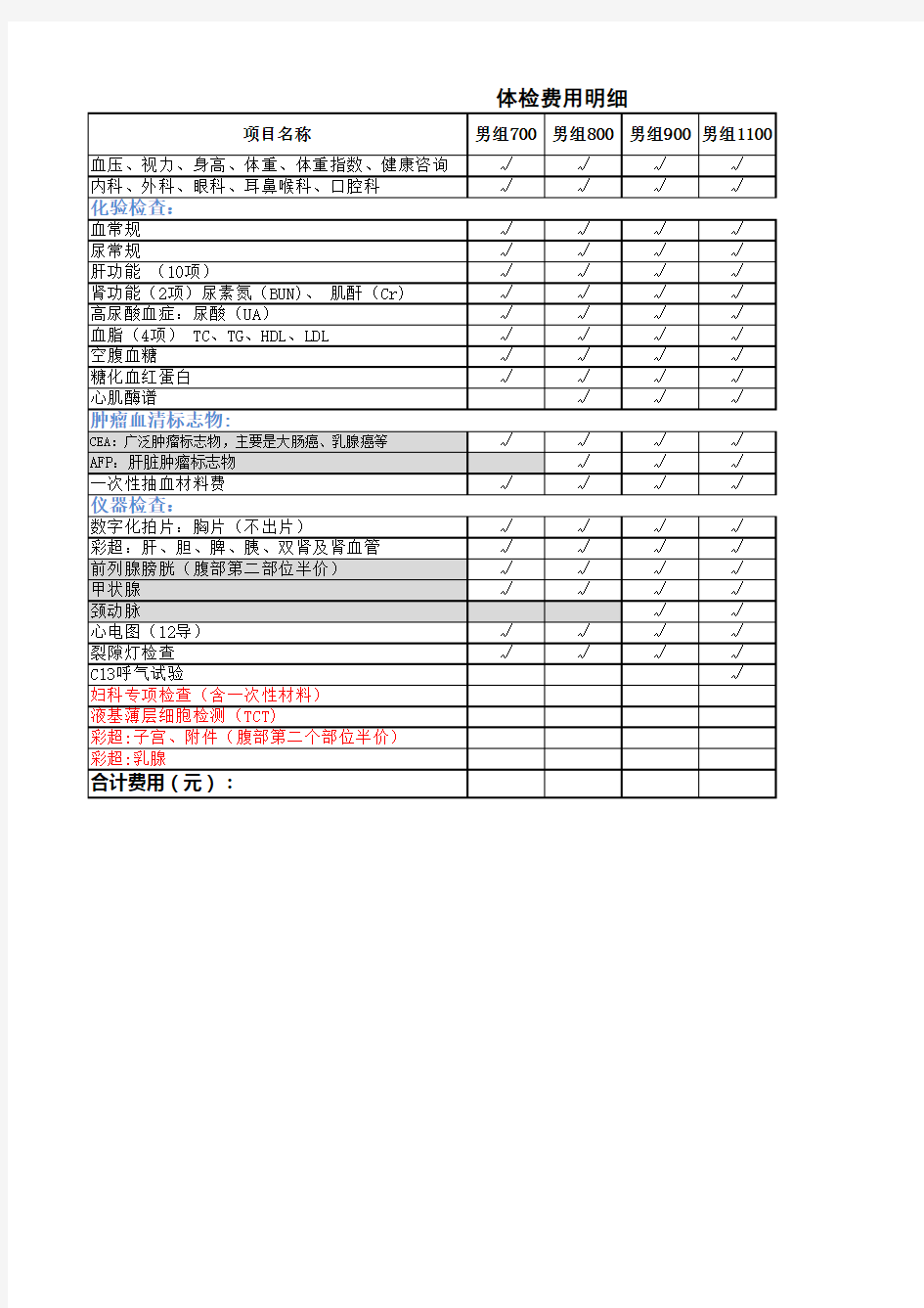 华中大区 同济医院体检费用明细