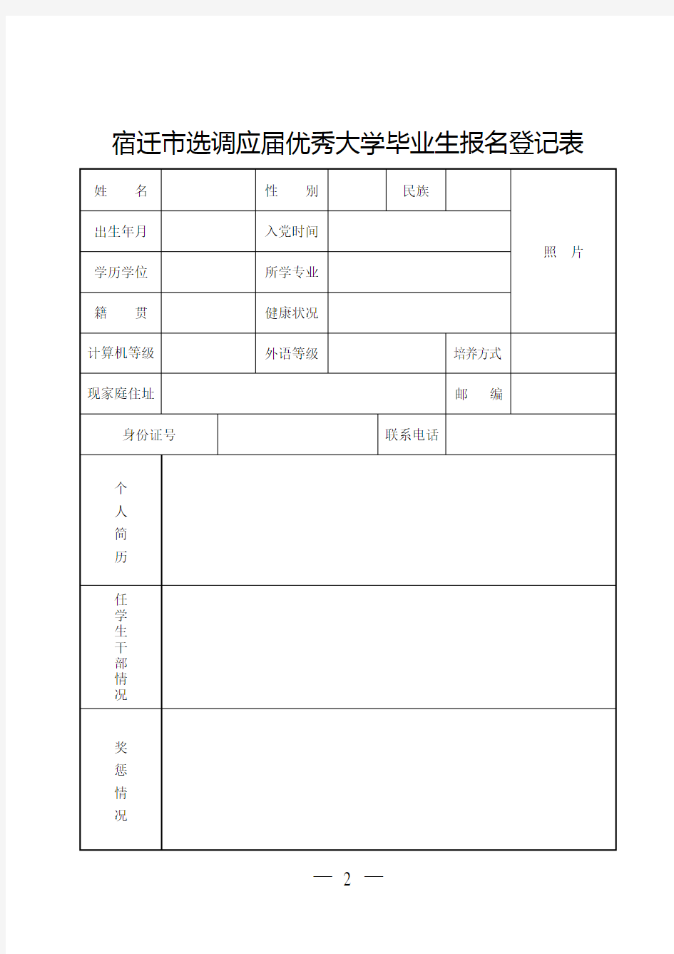 宿迁市选调应届优秀大学毕业生报名登记表