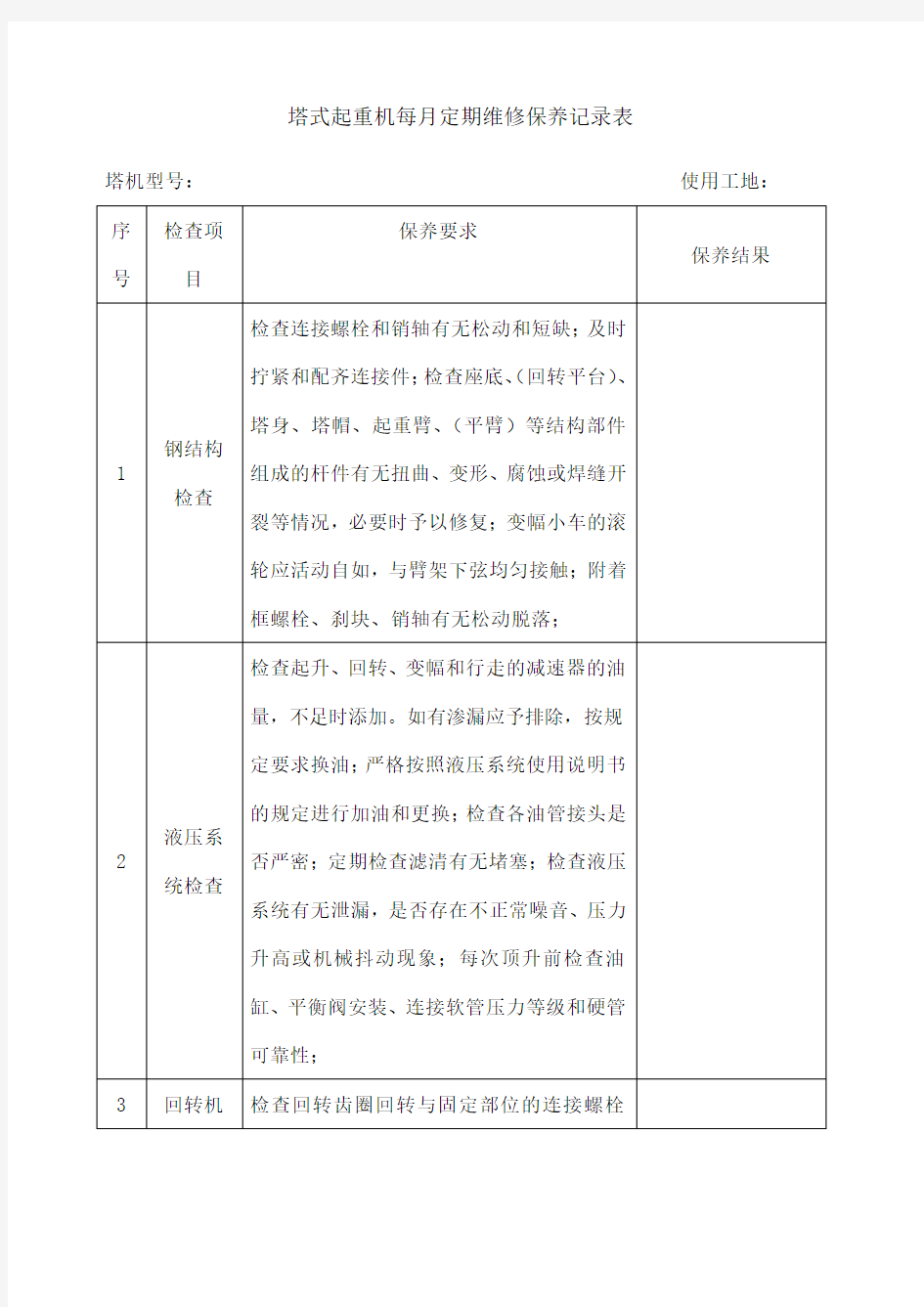 塔吊每 定期维修保养记录表