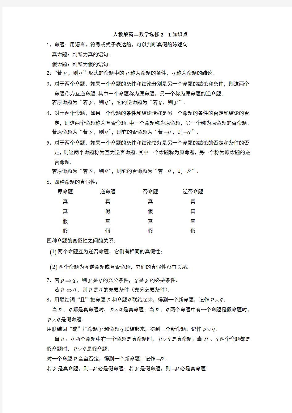 人教版高二数学选修2-1知识点总结