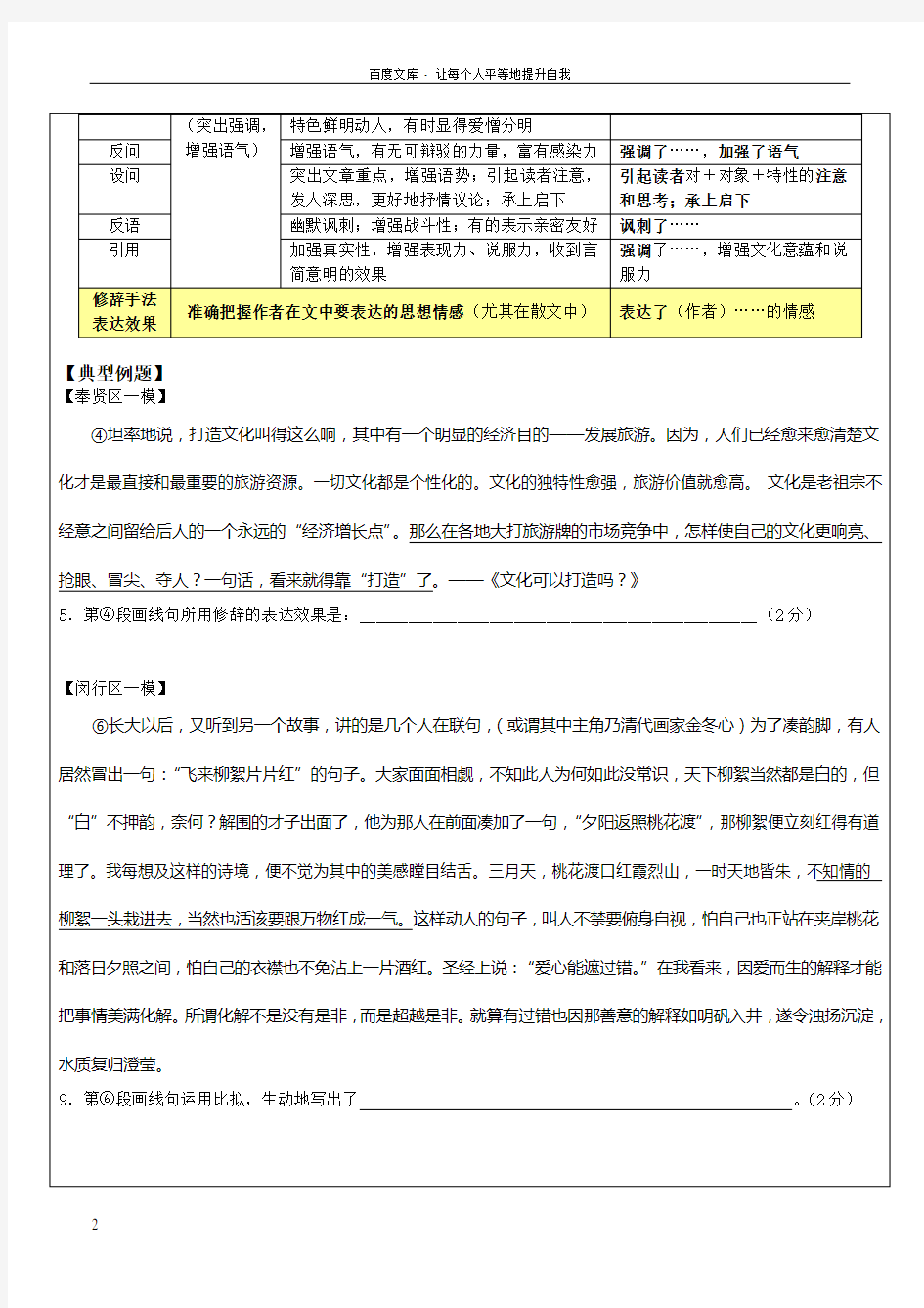 杨浦培训机构杨浦寒春补习班新王牌资料修辞手法的表达效果