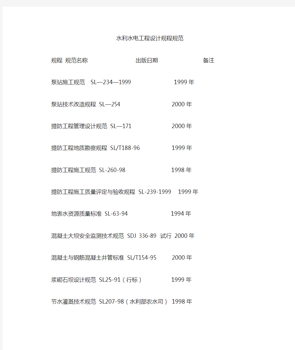 水利水电工程设计规程规范