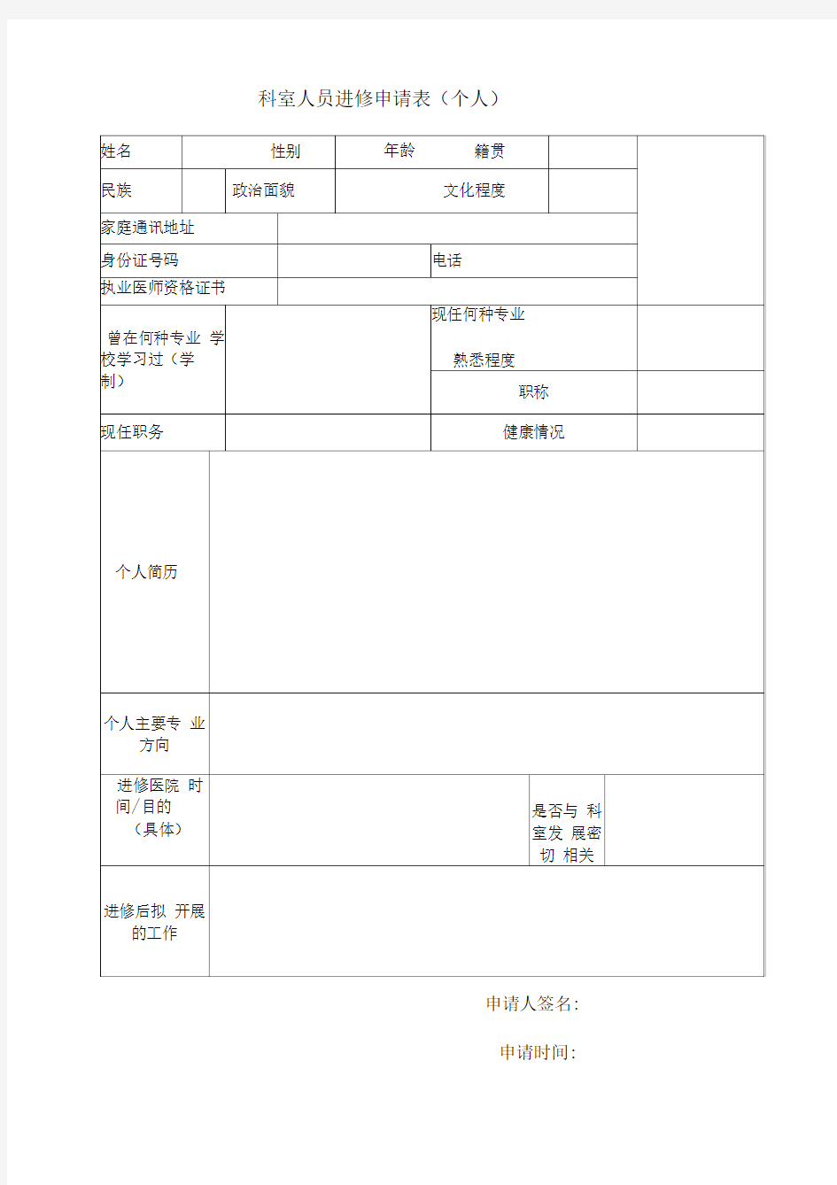 外出进修申请表