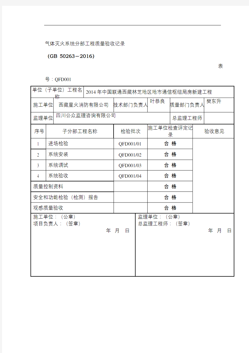 气体灭火系统分部工程质量验收记录