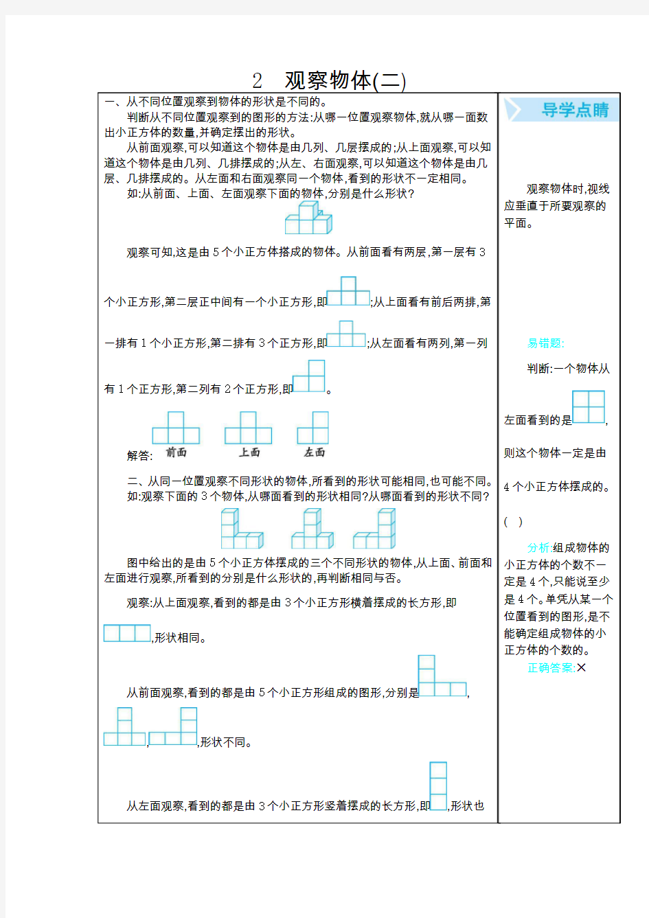 人教版四年级数学下册第二单元 观察物体 知识点汇总