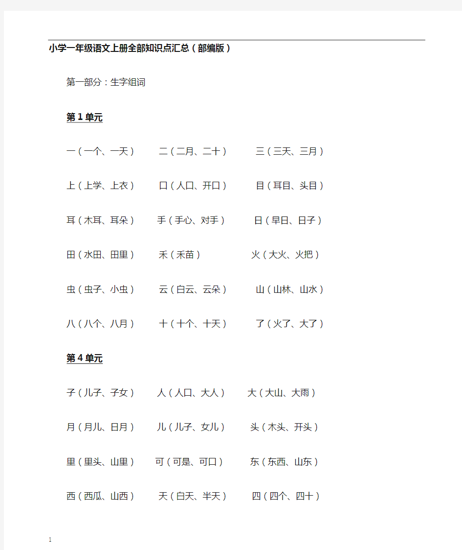 小学一年级语文上册全部考点汇总