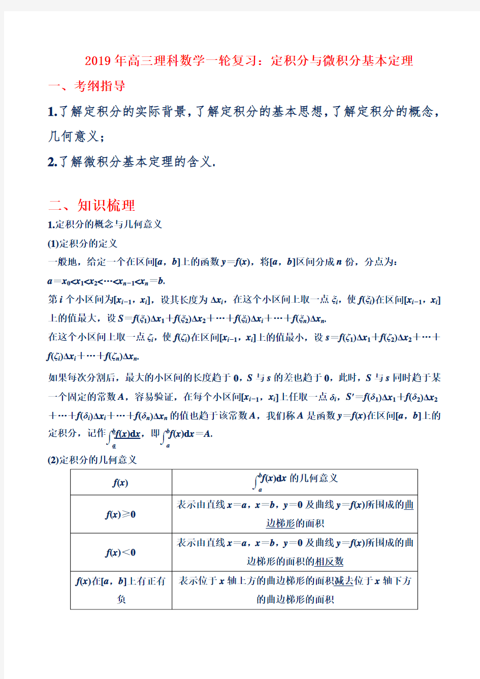 2019年高三理科数学一轮复习：定积分与微积分基本定理