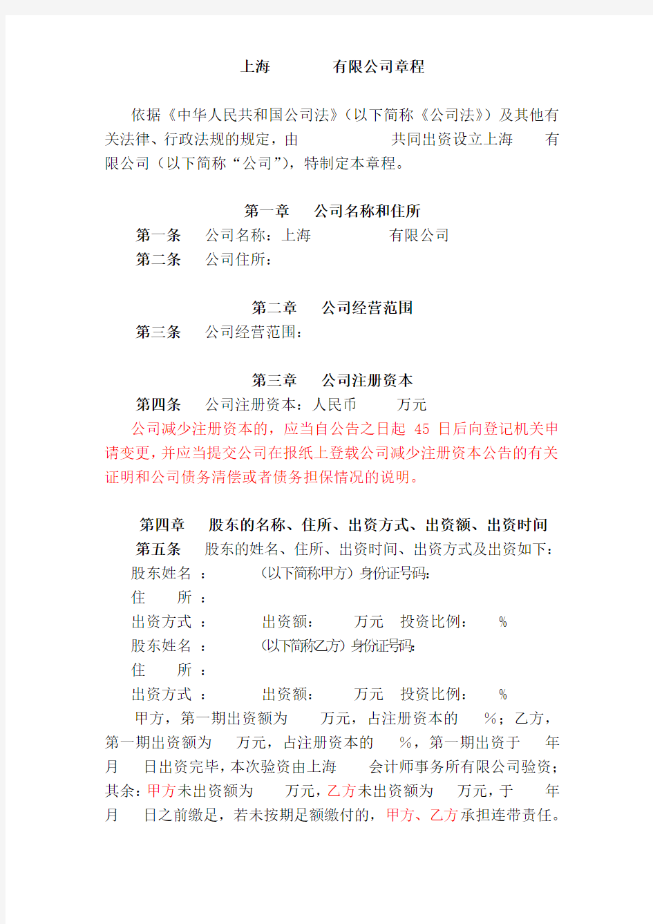 上海XX限责任公司章程(执行董事)