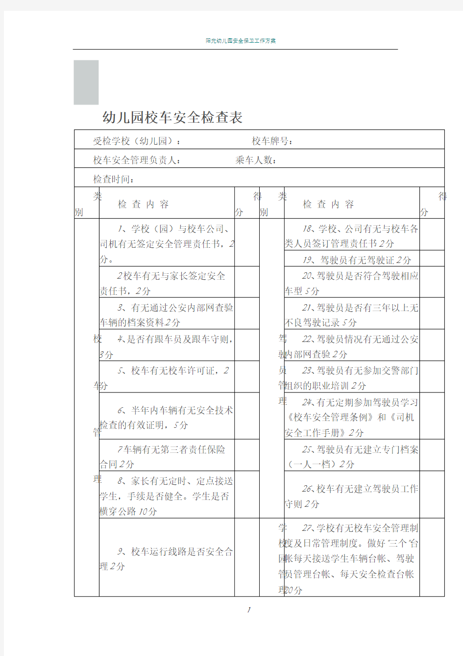 幼儿园校车安全检查表