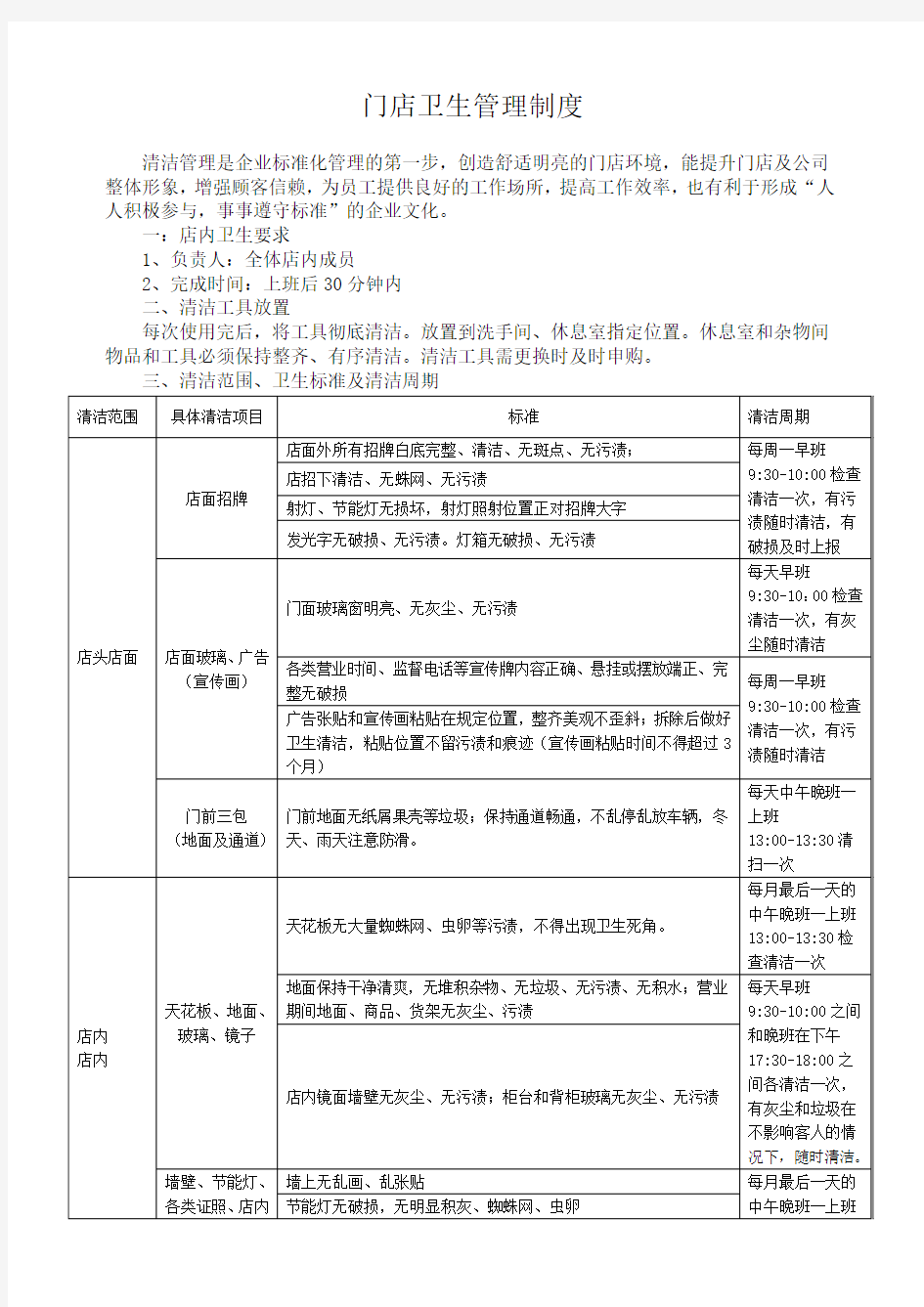 门店卫生管理制度 