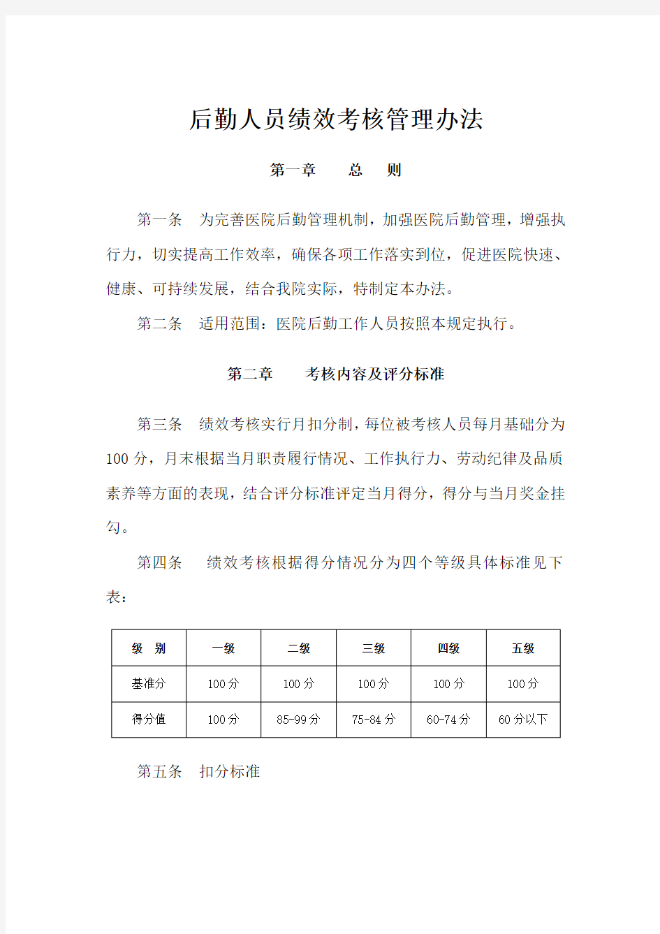 医院行政后勤人员绩效考核管理办法