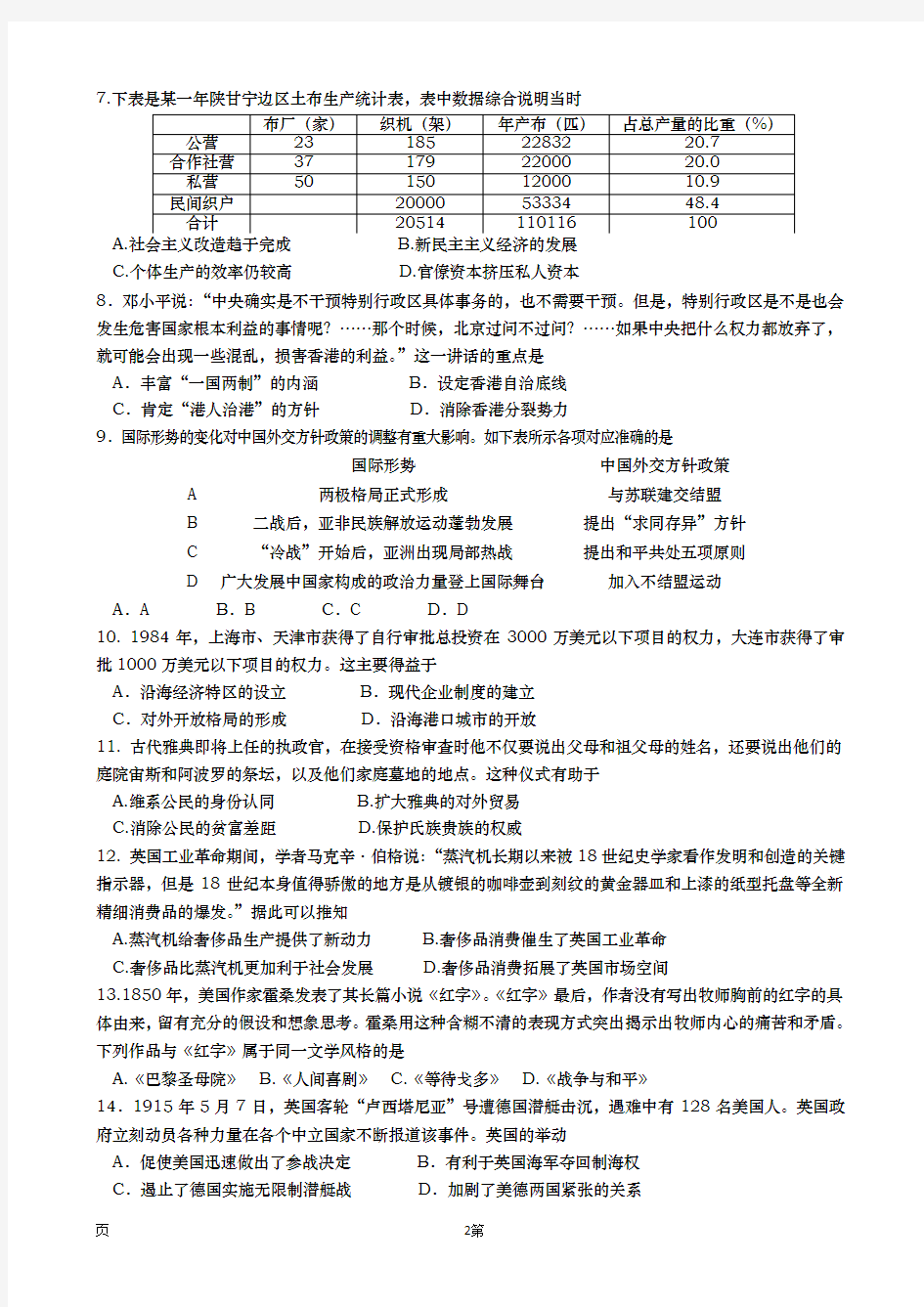 2020届  山东省潍坊市临朐县  高三下学期综合模拟考试历史试题(一)