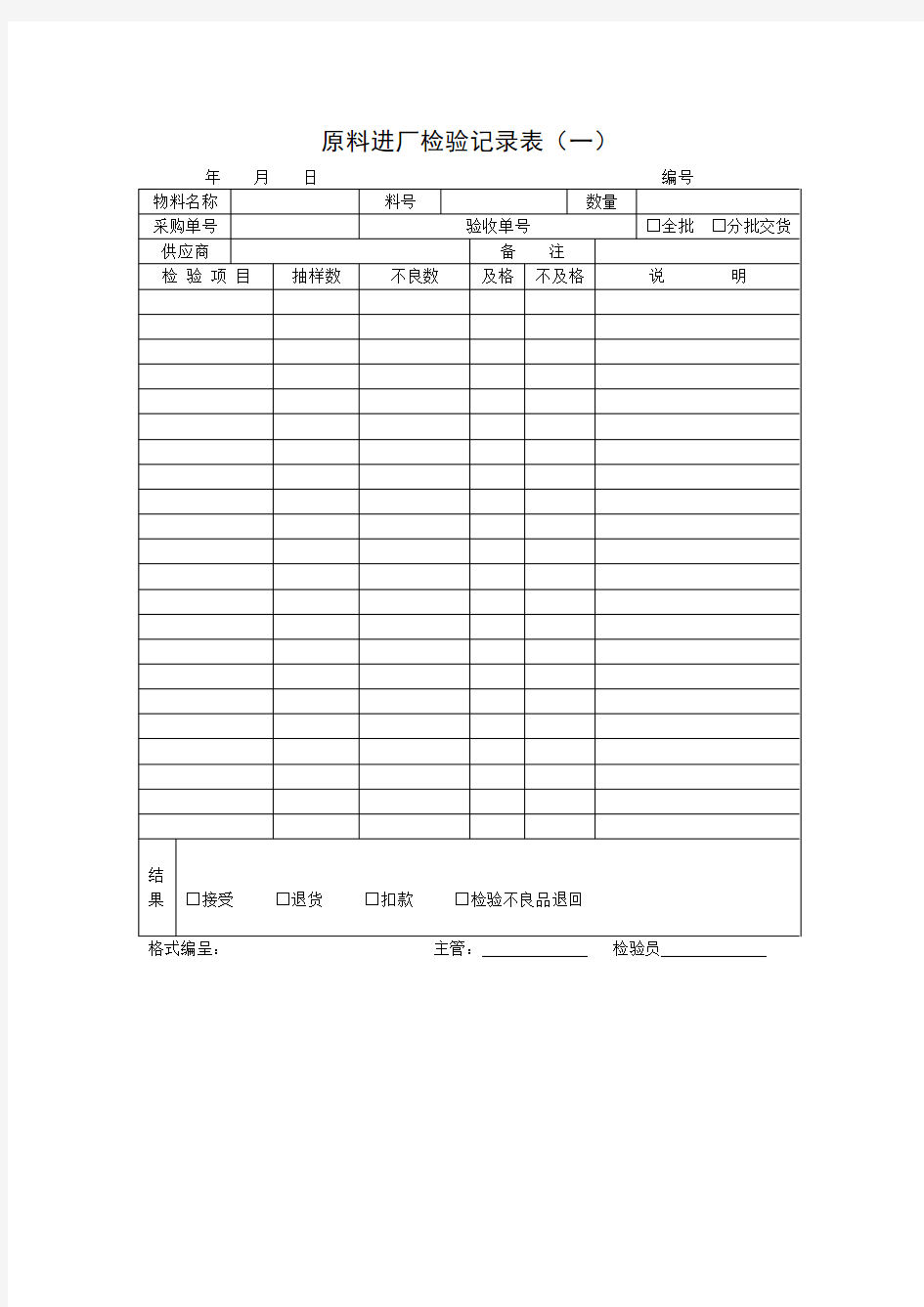 原料进厂检验记录表(一)模板范文