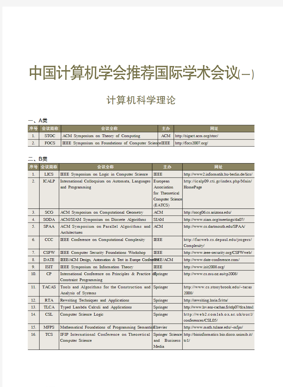 中国计算机学会推荐国际学术会议(一)