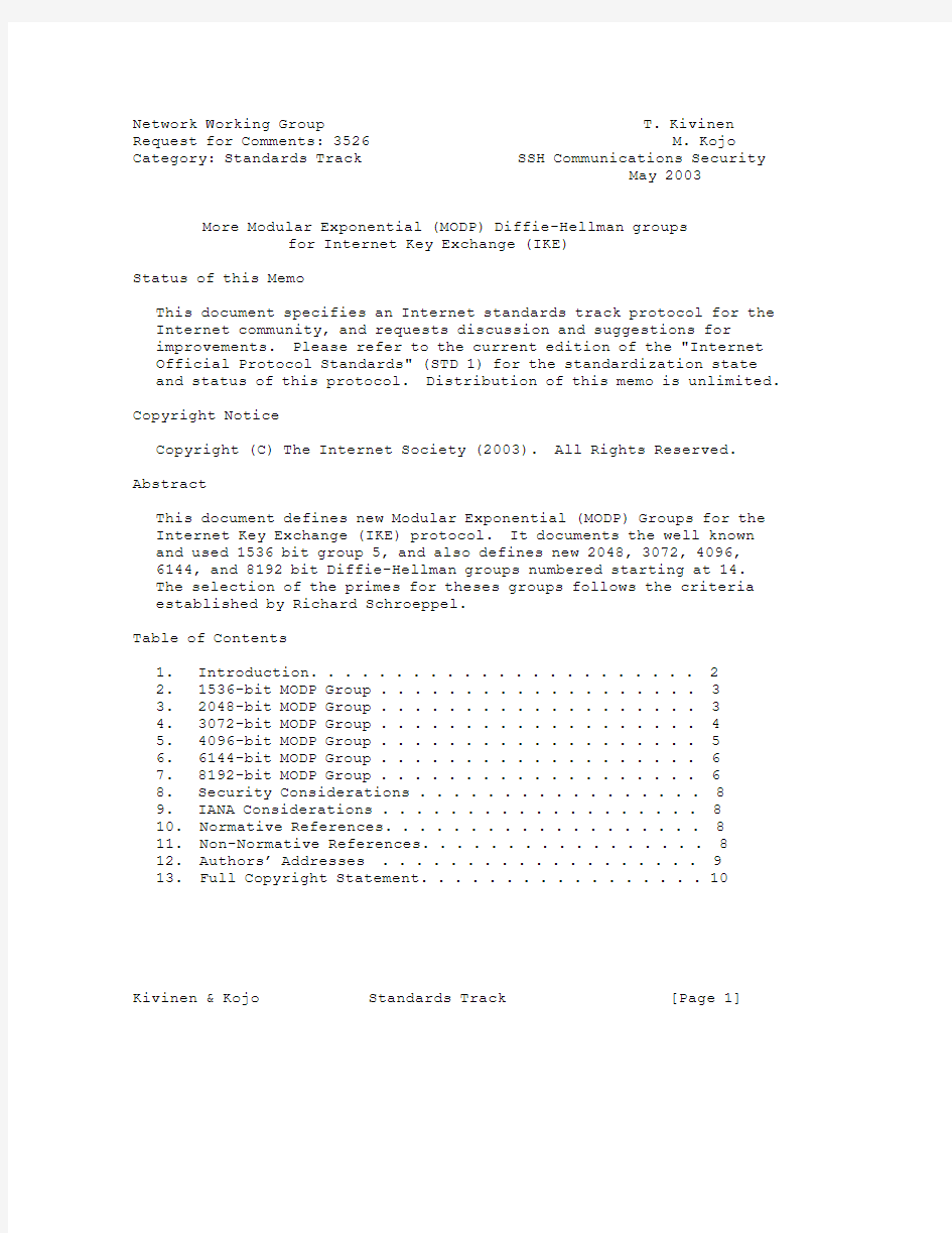 rfc3526.More Modular Exponential (MODP) Diffie-Hellman groups for Internet Key Exchange (IKE)