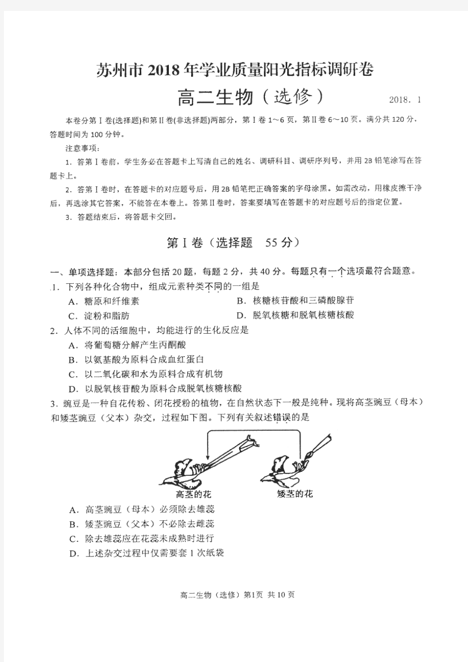 2017-2018学年江苏省苏州市高二1月学业质量阳光指标调研生物试题(选修)(扫描版)