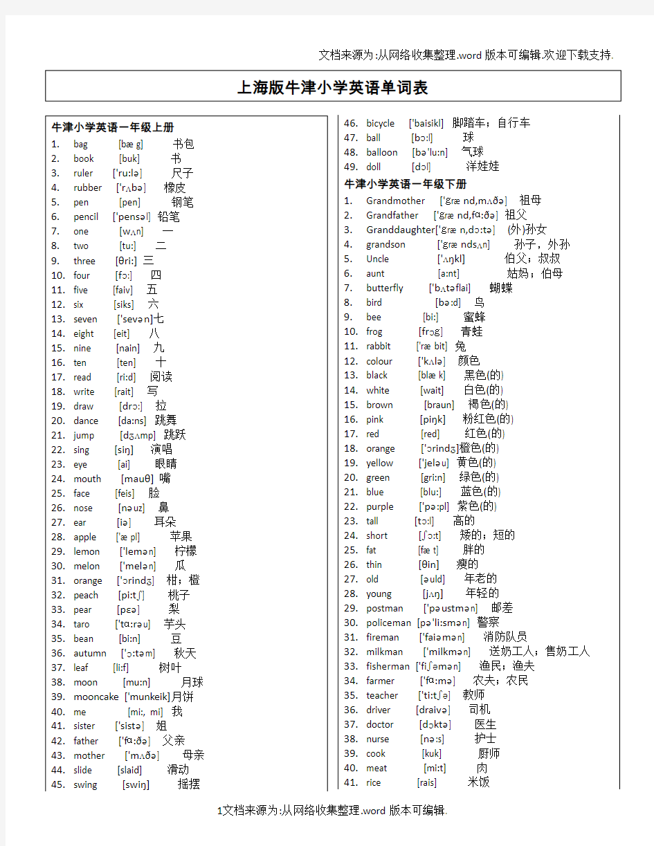 上海牛津版一到六年级英语词汇表带音标