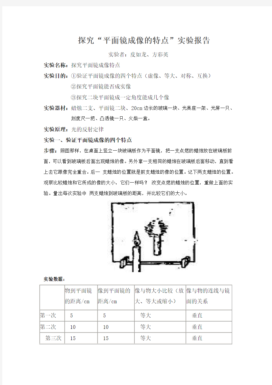 平面镜成像实验报告