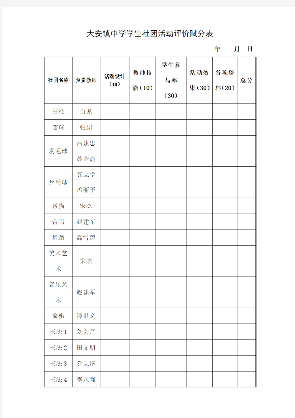 社团活动评价表