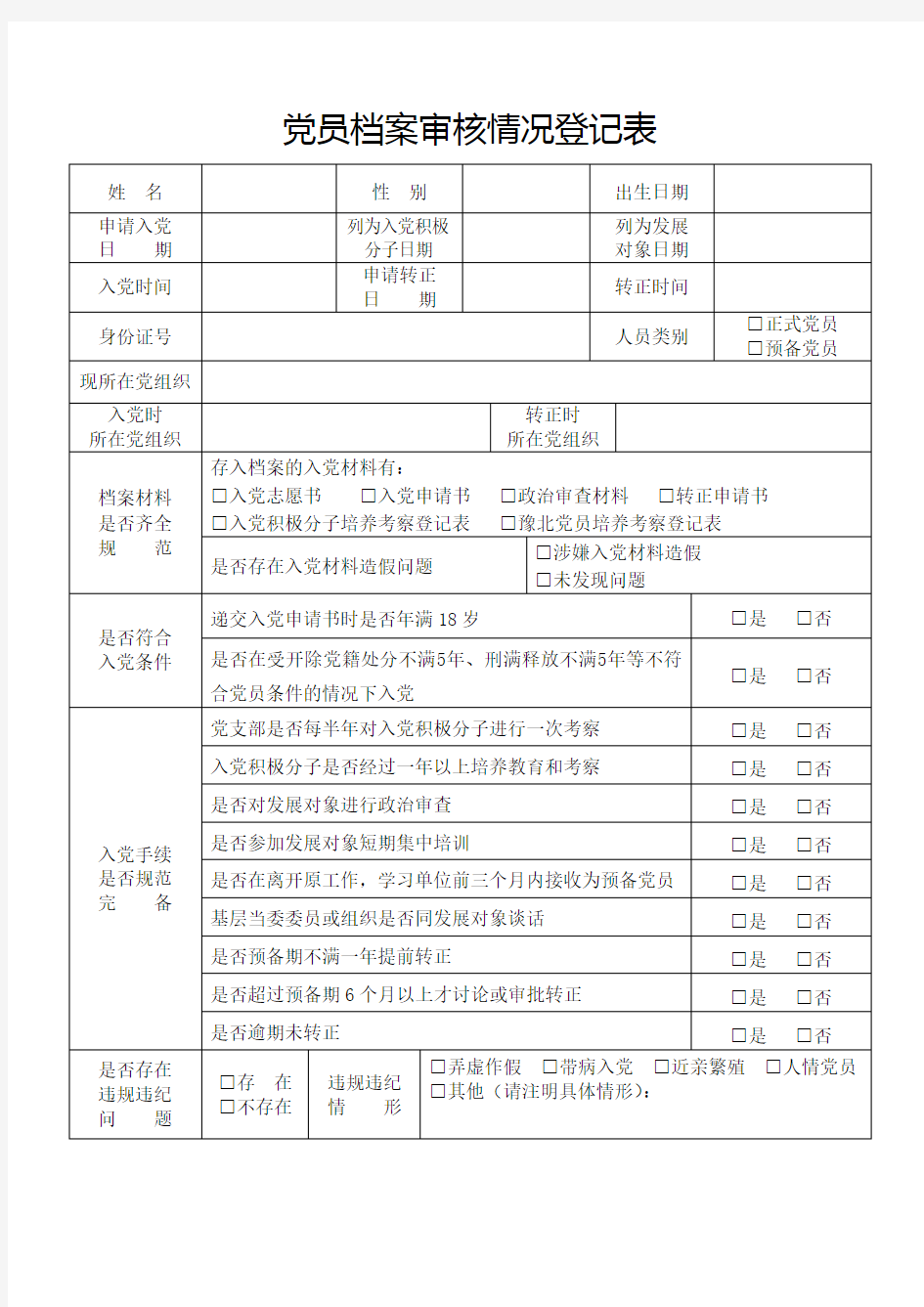 党员档案审核情况登记表