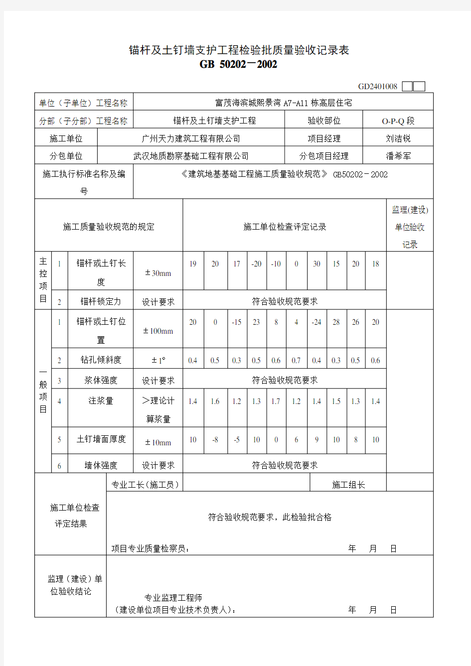 锚杆及土钉墙支护工程检验批质量验收记录表