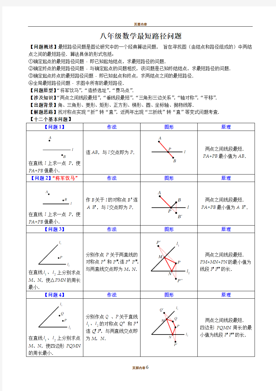 八年级最短路径问题归纳小结